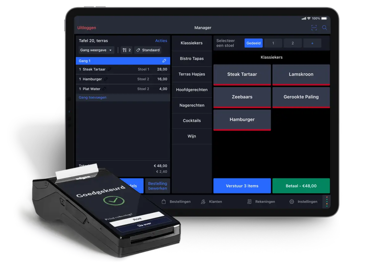 Betaalterminal en iPad kassa met software voor het Lightspeed kassasysteem voor restaurants, met gebruiksvriendelijke functies voor afrekenen en betaalopties.